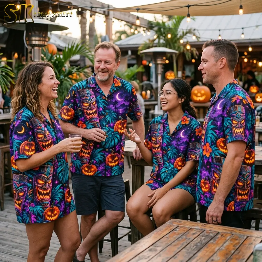Four adults chat on a string-lit patio wearing matching Halloween Hawaiian shirts with colorful tiki and pumpkin prints.
