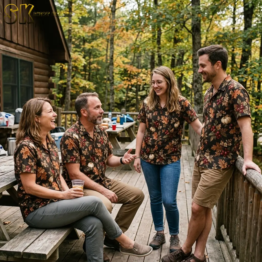 Four adults chat on a wooded cabin deck wearing matching black Hawaiian shirts with pumpkin and autumn leaf prints.