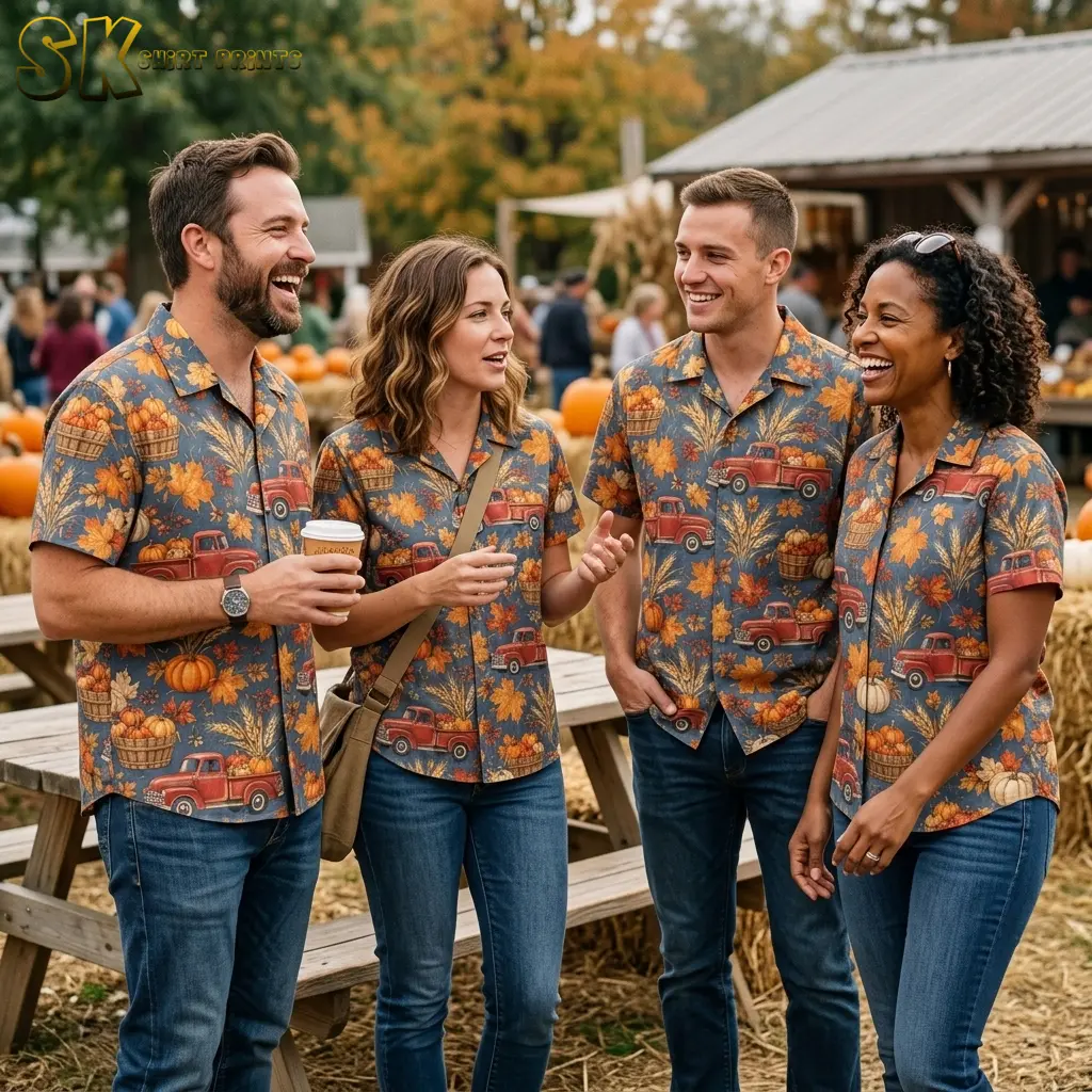 Four adults chat beside picnic tables wearing matching fall Hawaiian shirts with red trucks and orange leaves.