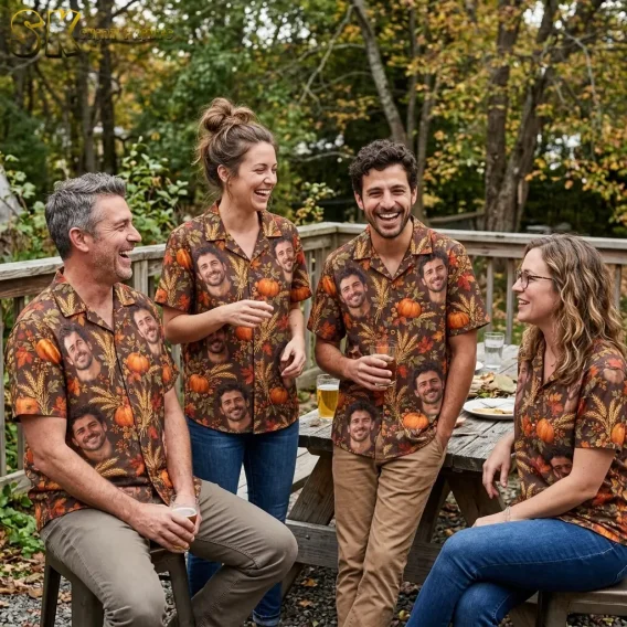 Four adults laugh around an outdoor picnic table in matching brown shirts patterned with smiling male faces and pumpkins.