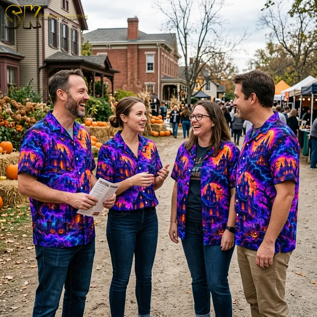Four adults chat at an outdoor fall festival wearing matching haunted house shirts in vivid purple, blue, and orange.