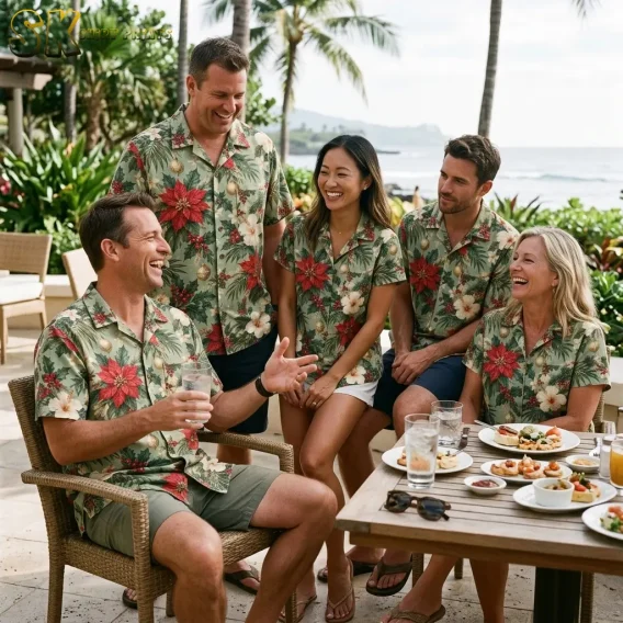 Five adults wear matching Christmas aloha shirts while gathering around a table with food and drinks near the ocean.