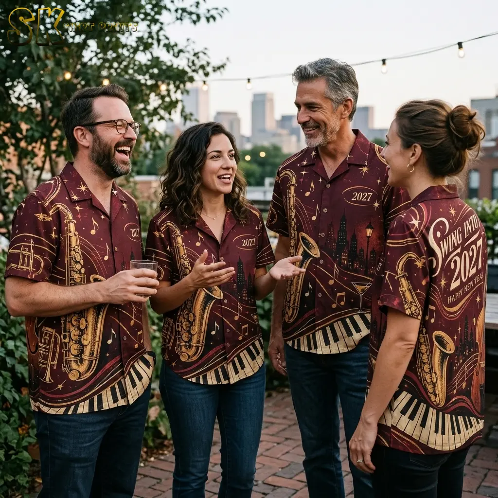 Four adults gather beneath outdoor string lights in matching burgundy jazz shirts, showing both the front artwork and the large 2027 back design.