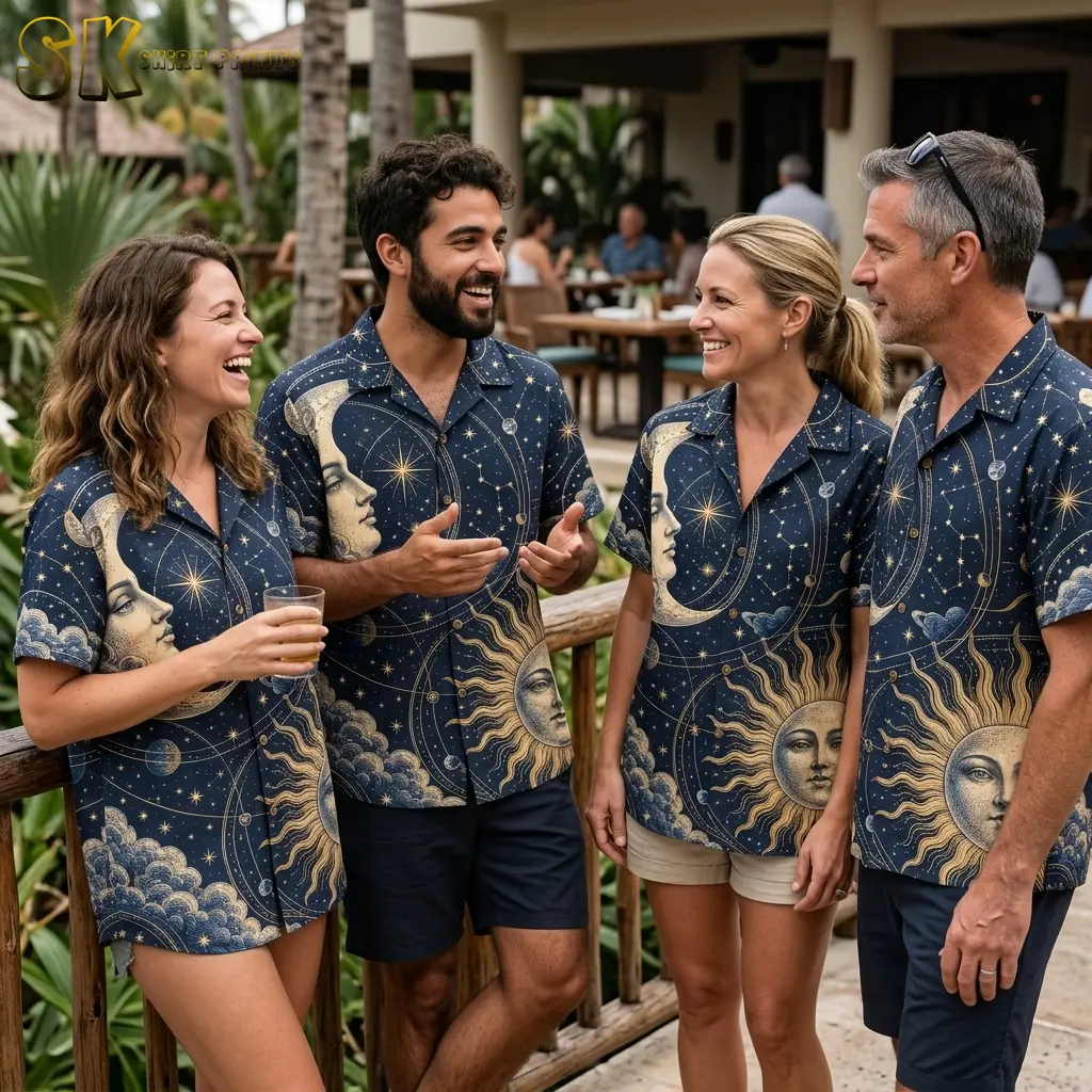 Four adults chat beside an outdoor wooden railing in matching navy shirts with gold-toned sun and crescent moon faces.