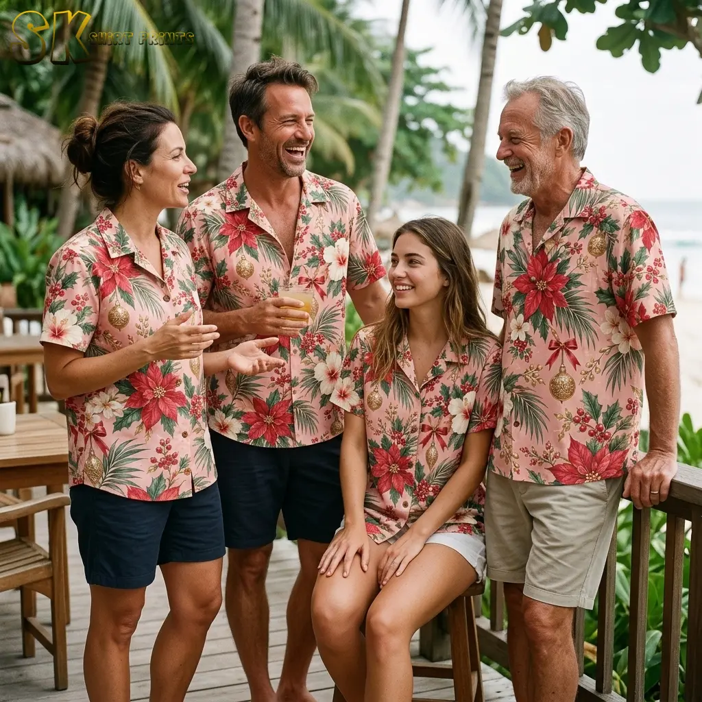 Four people smile together on a wooden deck wearing matching pink Hawaiian Christmas shirts with red poinsettias and gold ornaments.