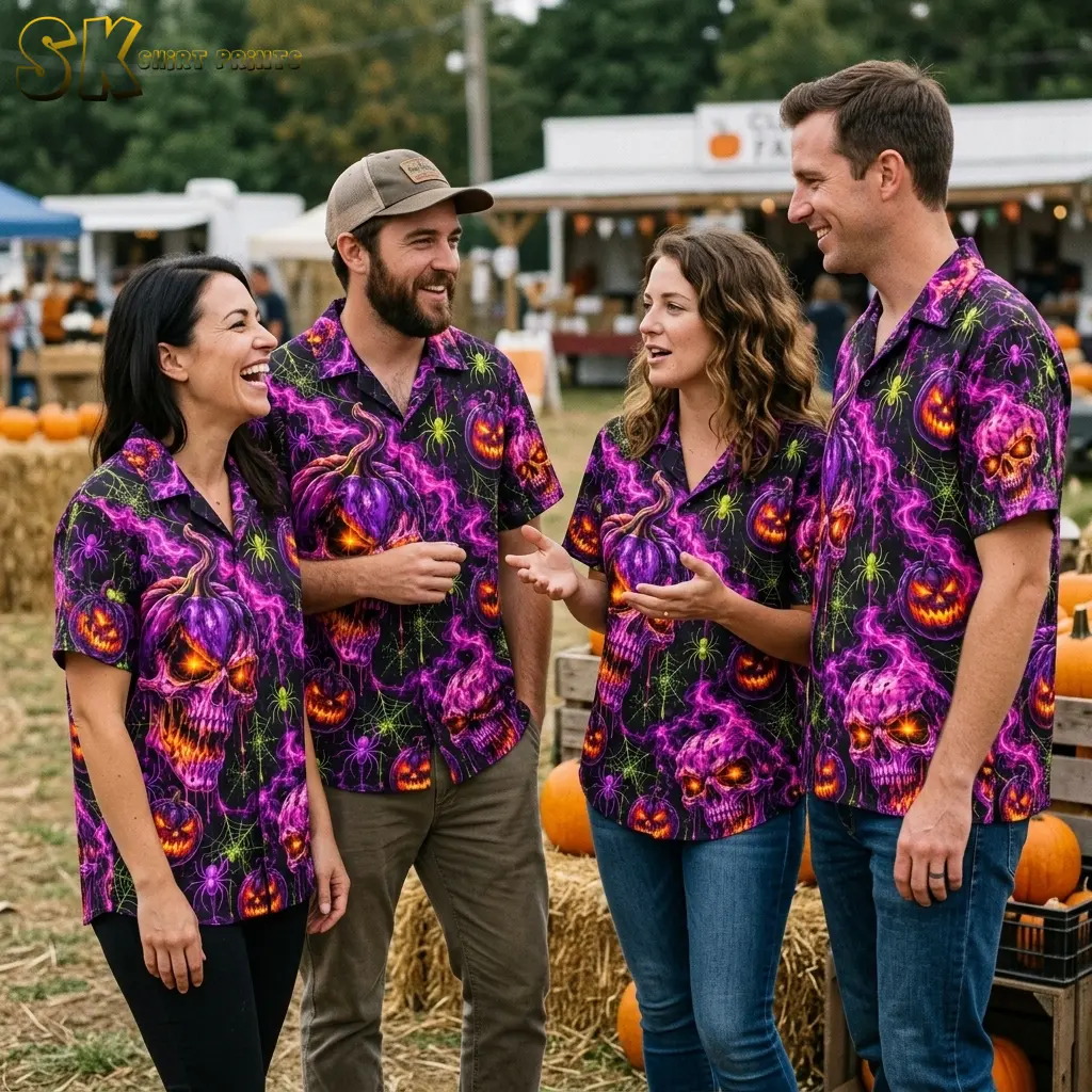 Four adults wear matching purple pumpkin Hawaiian shirts while talking outdoors among pumpkins and hay bales.