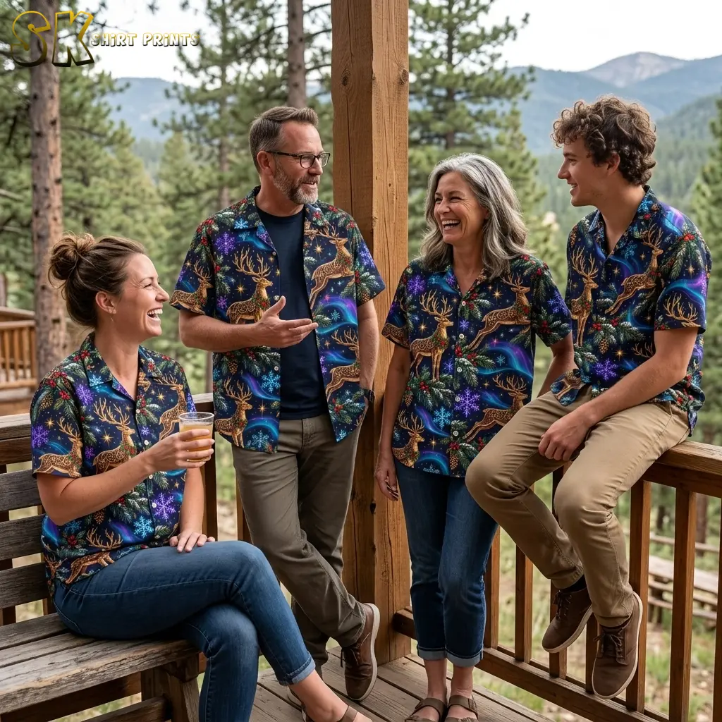 Four adults wearing matching reindeer-print Christmas shirts gather on a wooden porch overlooking pine trees and mountains.