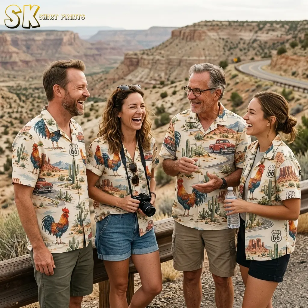 Four adults wear matching cream rooster Hawaiian shirts beside a wooden railing overlooking a canyon and winding road.