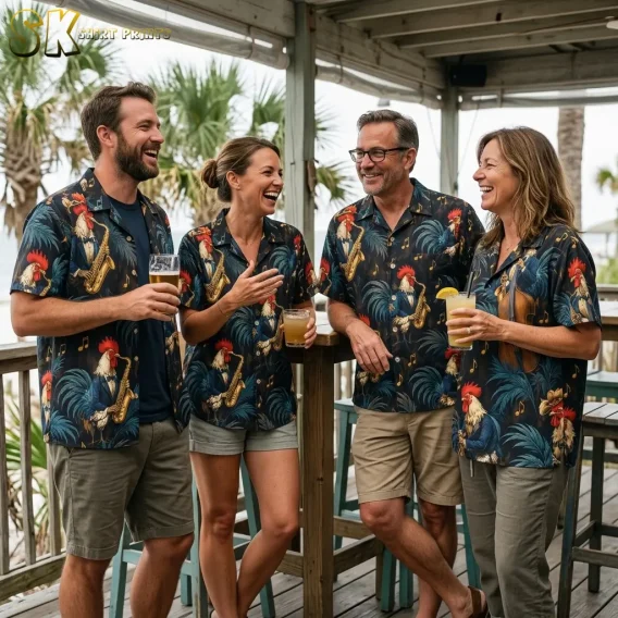 Four adults laugh together on a covered deck wearing matching black shirts with rooster musicians and palm fronds.