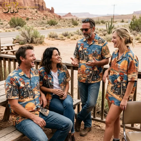 Four adults gather beside a wooden railing in a desert setting, wearing matching blue shirts printed with roosters riding motorcycles.
