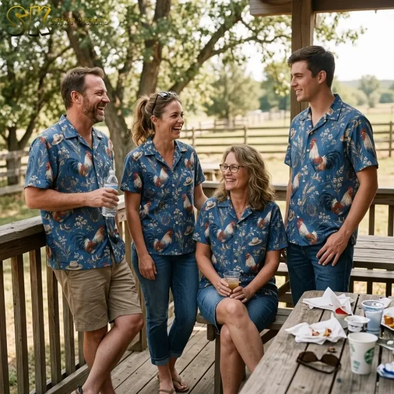 Four adults smile together on a wooden porch wearing matching blue rooster-print shirts.