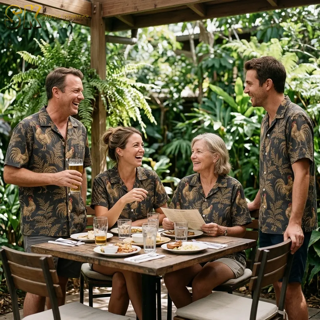 Four adults wear matching dark rooster-print shirts while gathered around an outdoor dining table surrounded by greenery.