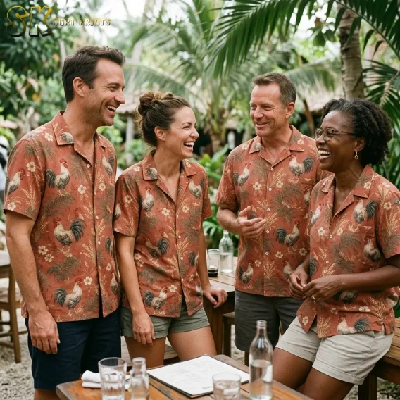 Four adults smile together around an outdoor table wearing matching terracotta shirts with rooster and floral prints.
