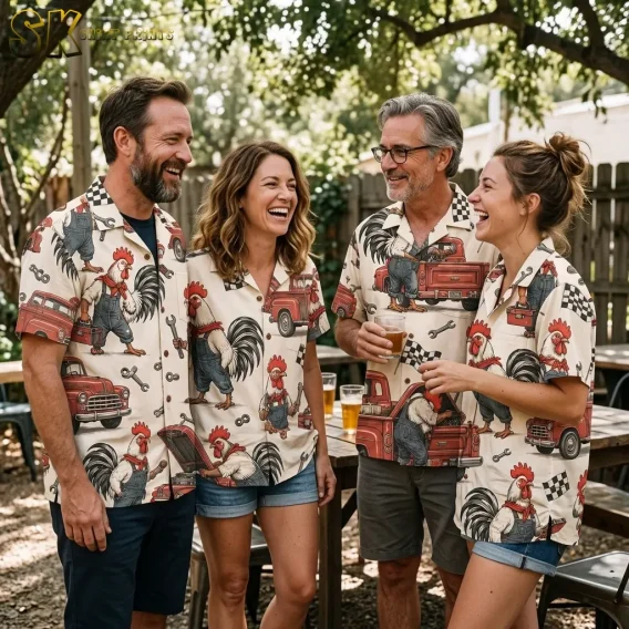 Four adults laugh beside an outdoor table while wearing matching cream shirts printed with mechanic roosters and red trucks.