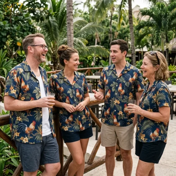 Four adults chat outdoors in matching navy rooster Hawaiian shirts, with palm trees and a wooden railing behind them.
