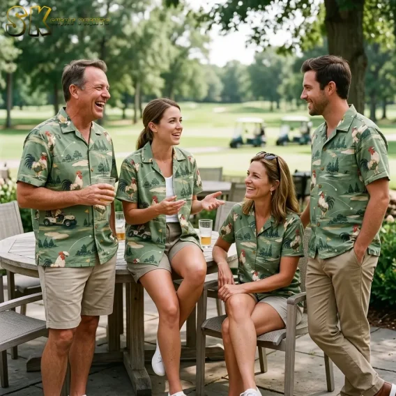 Four adults chat around a patio table wearing matching green shirts patterned with roosters and golf course scenes.