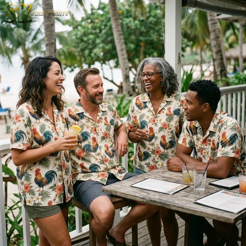 Four adults wear matching cream rooster-print shirts while gathering around a wooden patio table.