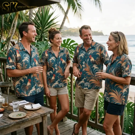 Four adults wearing matching teal rooster-print shirts gather beside a wooden table on a deck overlooking the water.