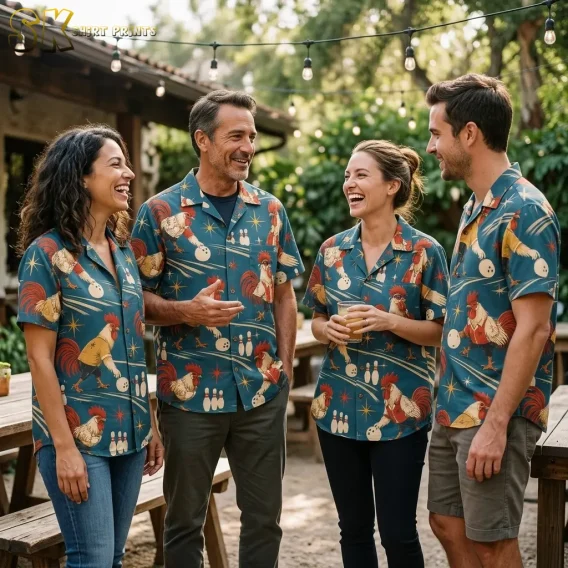 Four adults laugh together outdoors under string lights, all wearing matching teal shirts with bowling rooster prints.