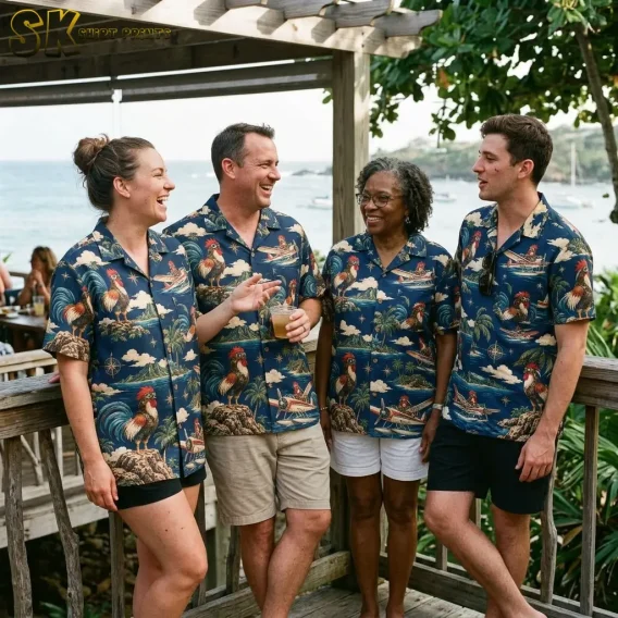 Four adults stand together on a waterfront deck wearing matching navy rooster Hawaiian shirts with tropical island prints.