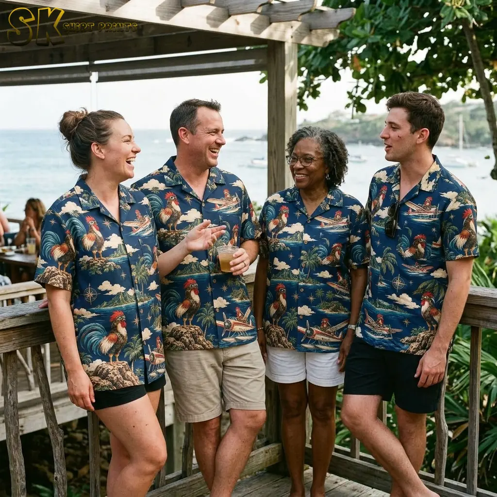 Four adults stand together on a waterfront deck wearing matching navy rooster Hawaiian shirts with tropical island prints.
