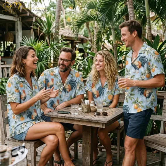 Four adults wear matching light blue rooster Hawaiian shirts while gathering around a wooden table surrounded by palms.