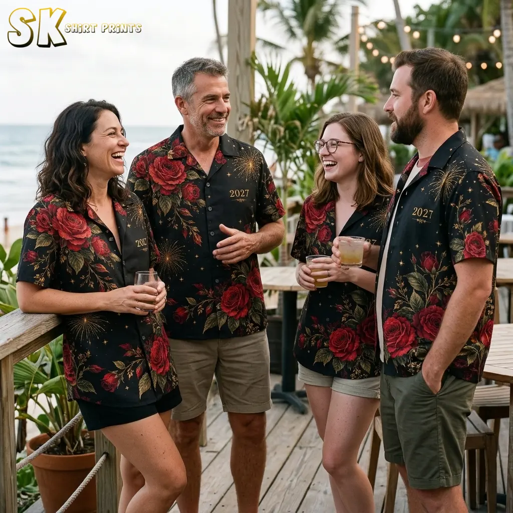 Four adults in matching black rose-print New Year shirts gather on a wooden deck beside the water.