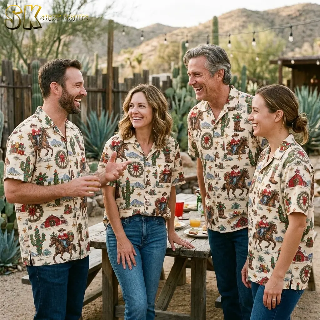 Two men and two women wear matching cream Santa-print shirts beside a picnic table surrounded by cacti.