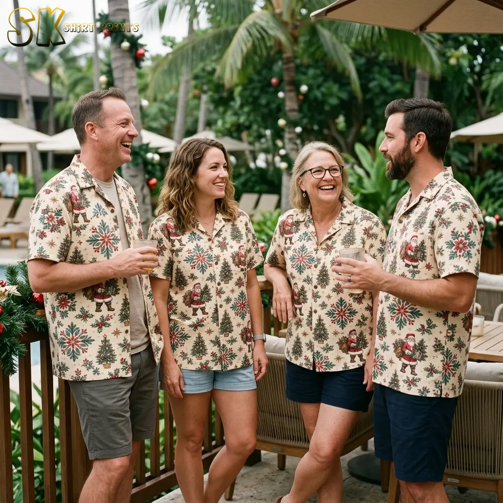 Four adults smile together on a palm-lined patio wearing matching cream shirts patterned with Santa figures and Christmas trees.