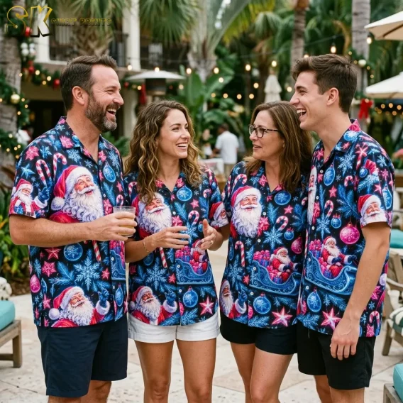 Four adults stand together on a palm-lined patio wearing matching black Christmas shirts with Santa portraits and blue sleighs.