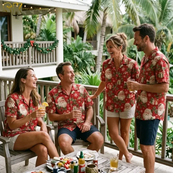 Four adults wear matching red Christmas themed Hawaiian shirts while gathering with drinks on a porch surrounded by palms.