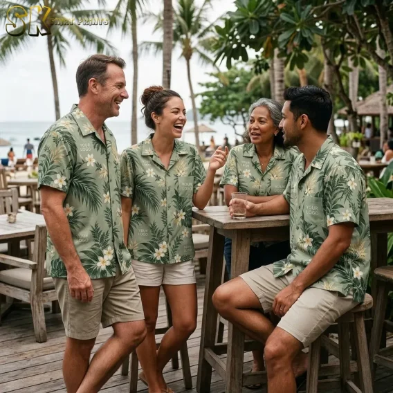 Four people — two men and two women of varying ages — laughing together at a wooden outdoor bar near a beach, all wearing the same sage green logo hawaiian shirts with palm leaf and plumeria print.