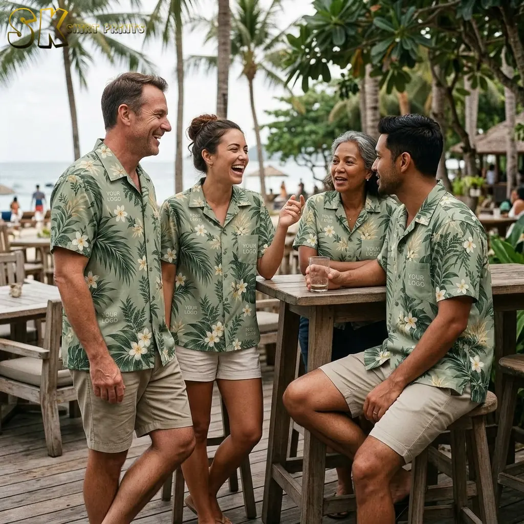 Four people — two men and two women of varying ages — laughing together at a wooden outdoor bar near a beach, all wearing the same sage green logo hawaiian shirts with palm leaf and plumeria print.
