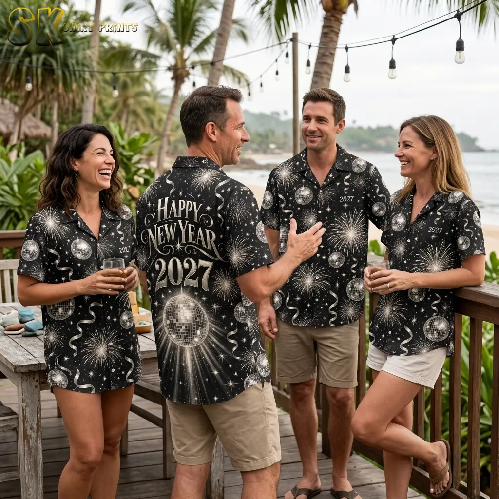Four adults wear matching black New Year shirts on a beachside deck, with one showing the Happy New Year 2027 back graphic.