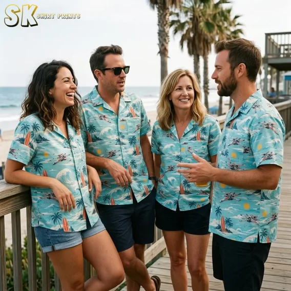 Four adults wear matching light blue Star Wars aloha shirts while chatting on a wooden deck overlooking the beach.