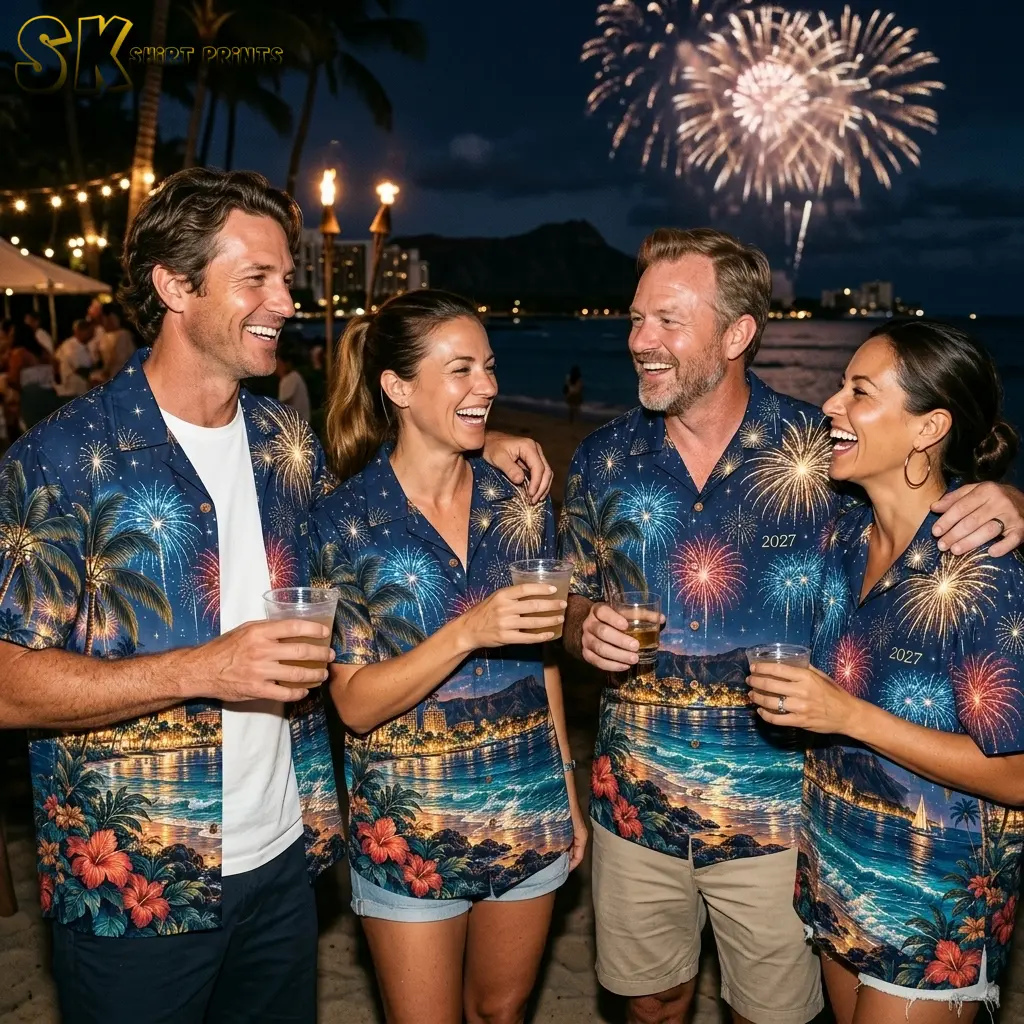 Four adults wearing matching navy coastal-print shirts hold drinks by the beach as fireworks burst overhead.
