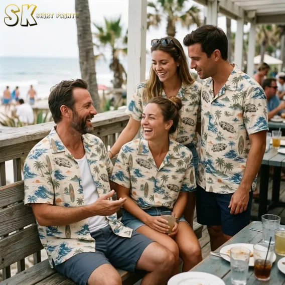 Four adults gather beside a beachside table wearing matching cream shirts patterned with tropical scenery and spacecraft.