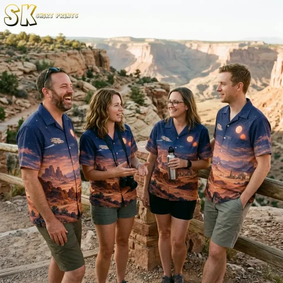 Four adults wear matching Star Wars aloha shirts with blue skies and orange desert prints beside a wooden railing at a canyon overlook.