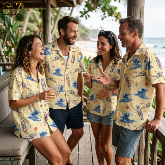 Four smiling adults wear matching pale yellow shirts with blue waves and surfboards while gathering on an oceanfront deck.