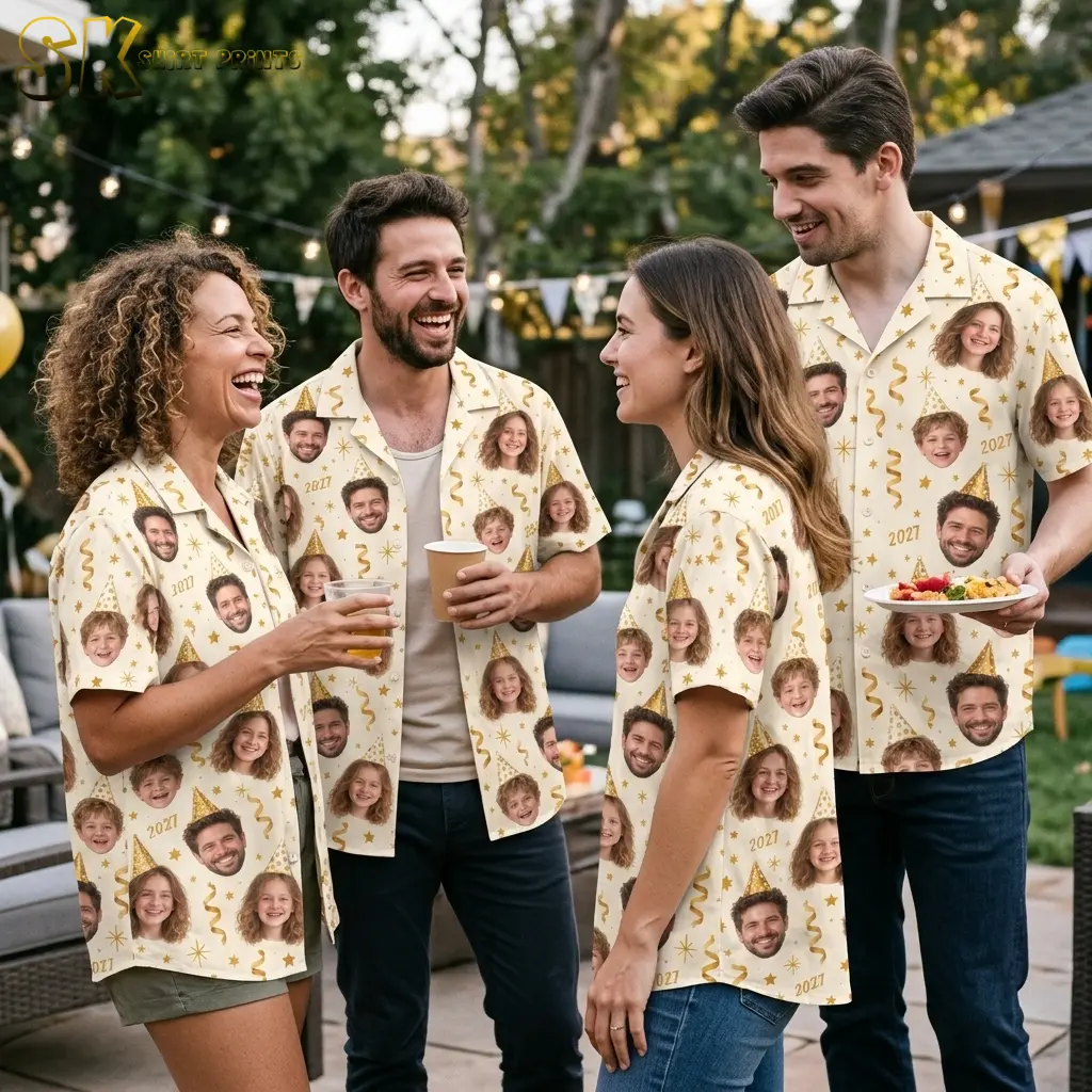 Four adults chat outdoors in matching family shirts with ivory backgrounds, face portraits, and gold celebration graphics.