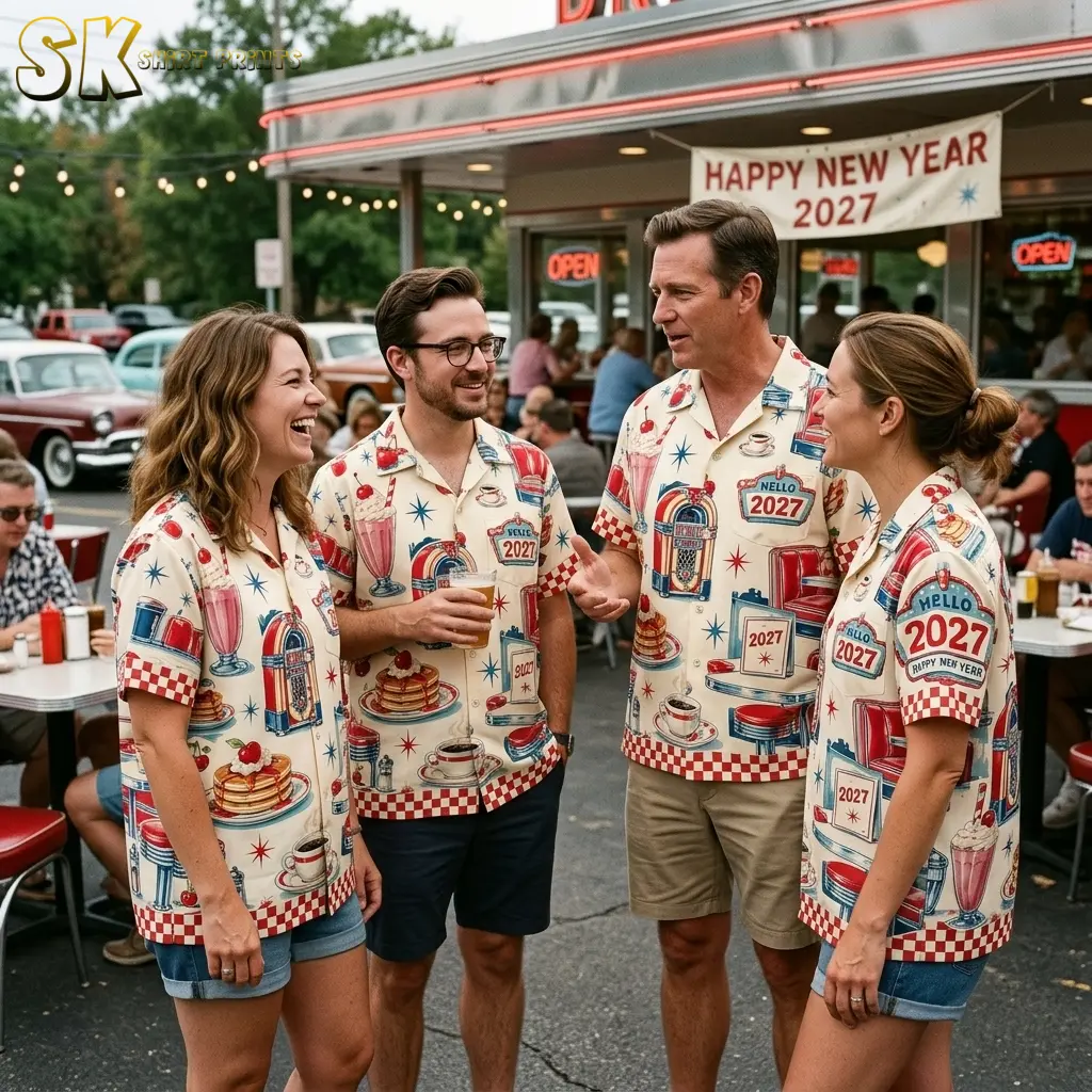 Four adults chat outside a diner in matching cream 2027 diner-print shirts paired with denim, dark, and tan shorts.