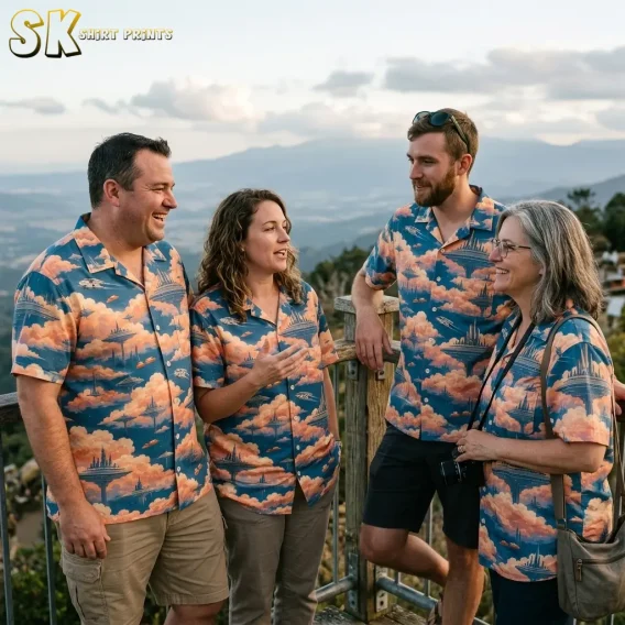 Four adults wear matching blue and peach Star Wars aloha shirts beside a wooden railing overlooking distant hills.