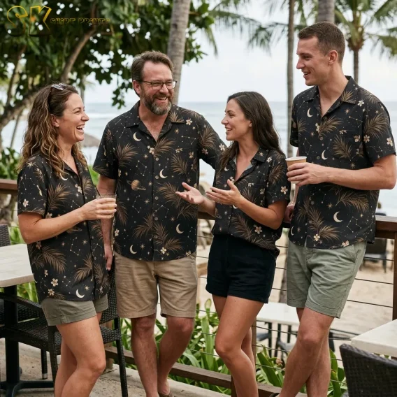 Four adults chat on a seaside deck wearing matching black shirts patterned with palm leaves, crescent moons, and stars.