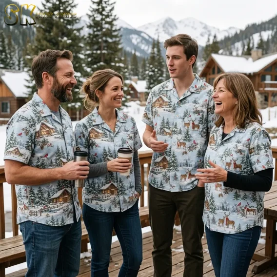 Four adults wear matching light blue Christmas aloha shirts on a wooden deck with snow-covered cabins and mountains behind them.