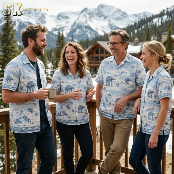 Four adults laugh together in matching light blue Star Wars aloha shirts on a deck overlooking snowy mountains.