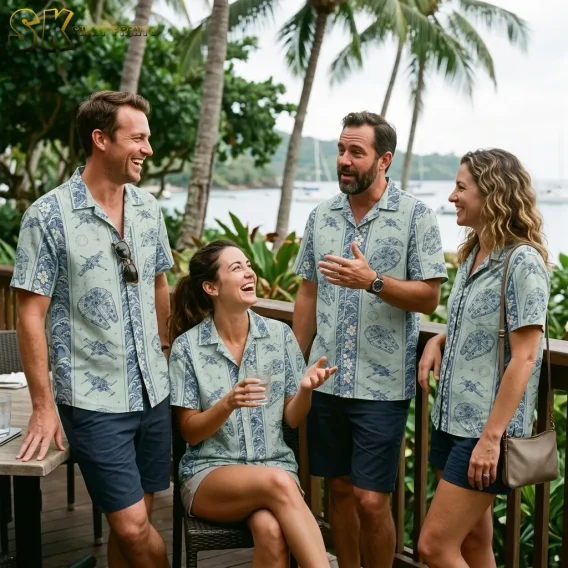 Four adults wear matching seafoam green Star Wars tropical shirts while chatting on a deck overlooking palm trees and water.