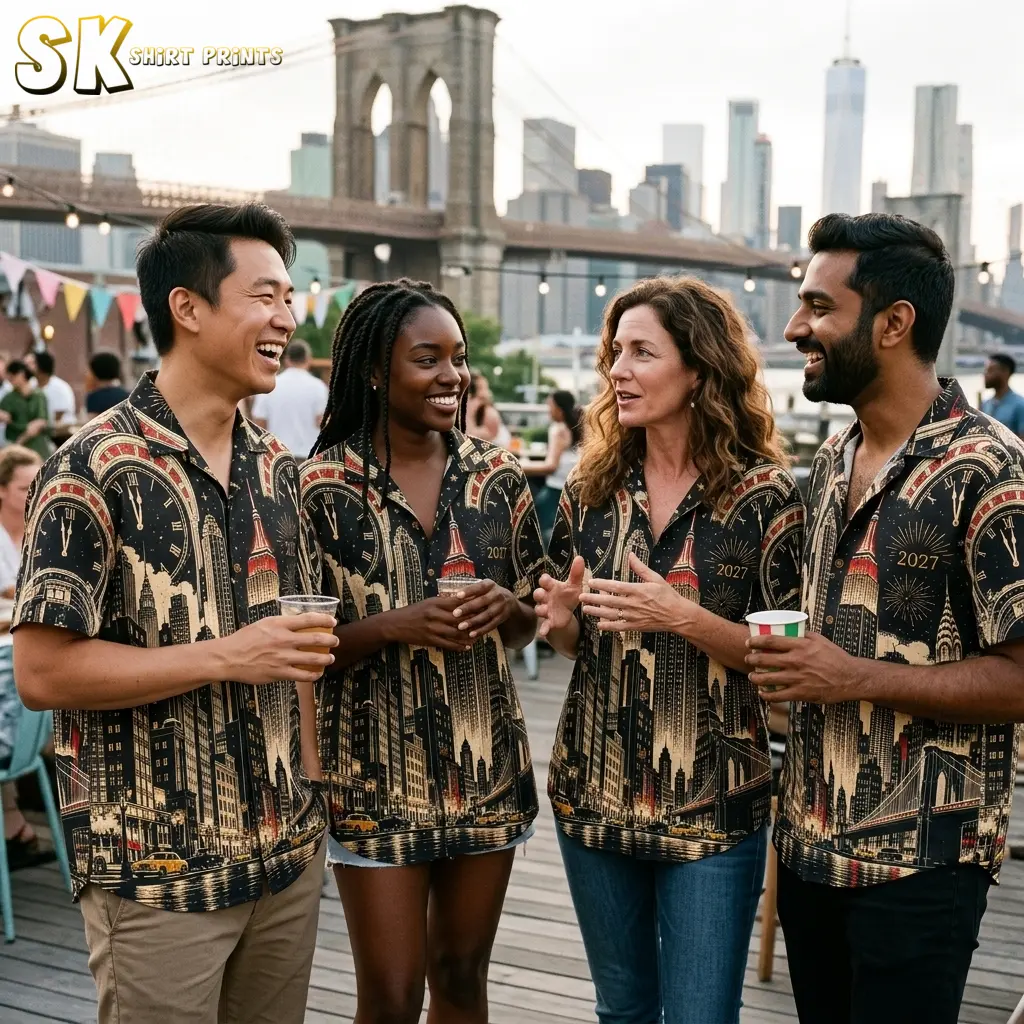 Four adults chat outdoors in matching black skyline shirts, with a suspension bridge and city buildings behind them.