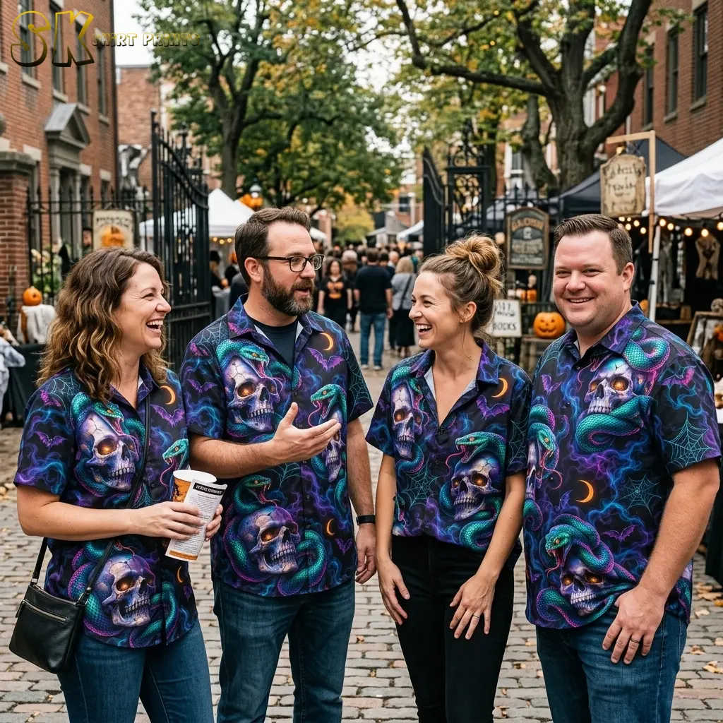 Four adults wear matching skull-and-snake Hawaiian shirts on a cobblestone street lined with market tents and pumpkins.
