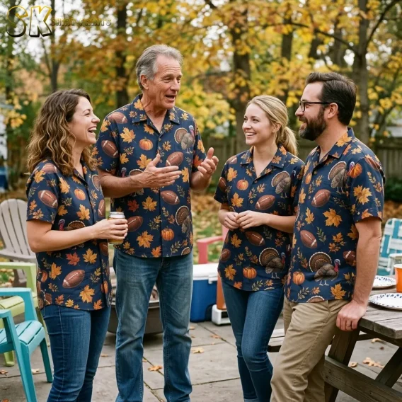 Four adults chat outdoors in matching navy shirts patterned with turkeys and autumn leaves beside a picnic table.