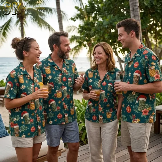 Two men and two women laugh together on a beachside deck, each wearing the same teal xmas hawaiian shirts printed with tiki faces, pineapple drinks, and holiday ornaments.